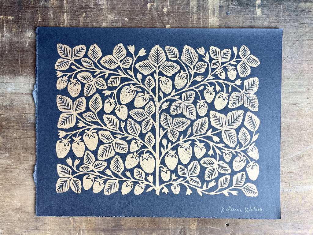 Hand Block Printed Gold Strawberry Art Print