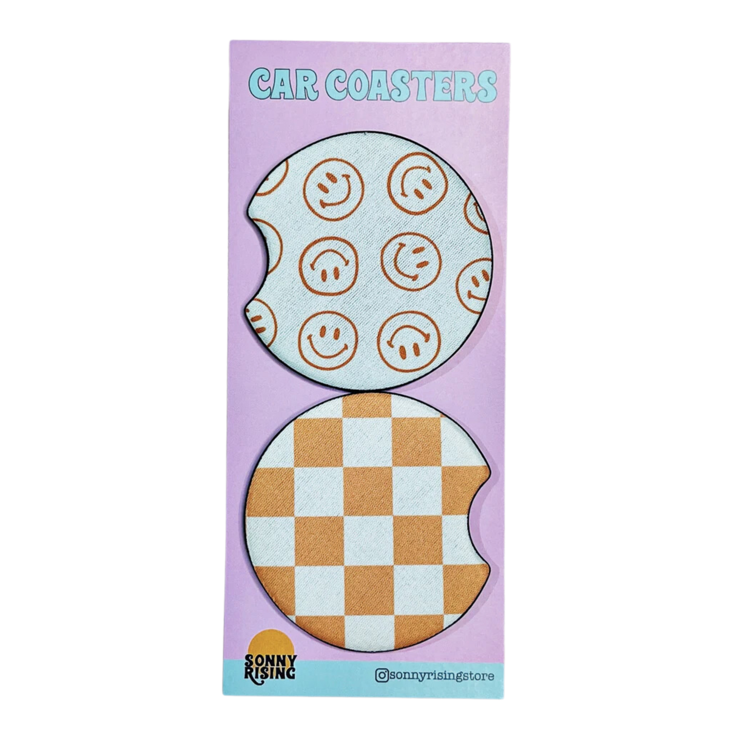 2 Car Coasters, Orange Happy Checkered Design