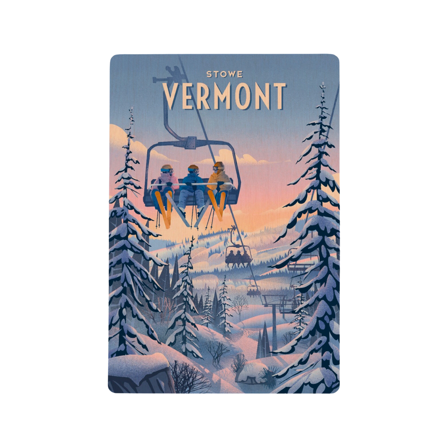 Wood Postcard Stowe Vermont Chill On the Uphill Ski Lift