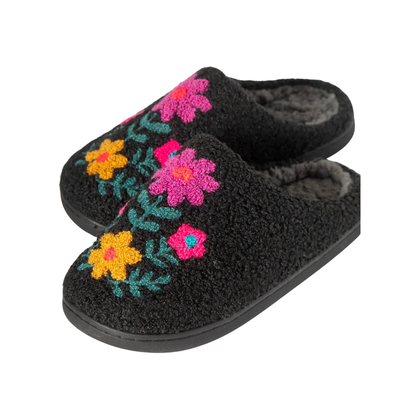 Charcoal Pink Folk Flowers Sherpa Slippers