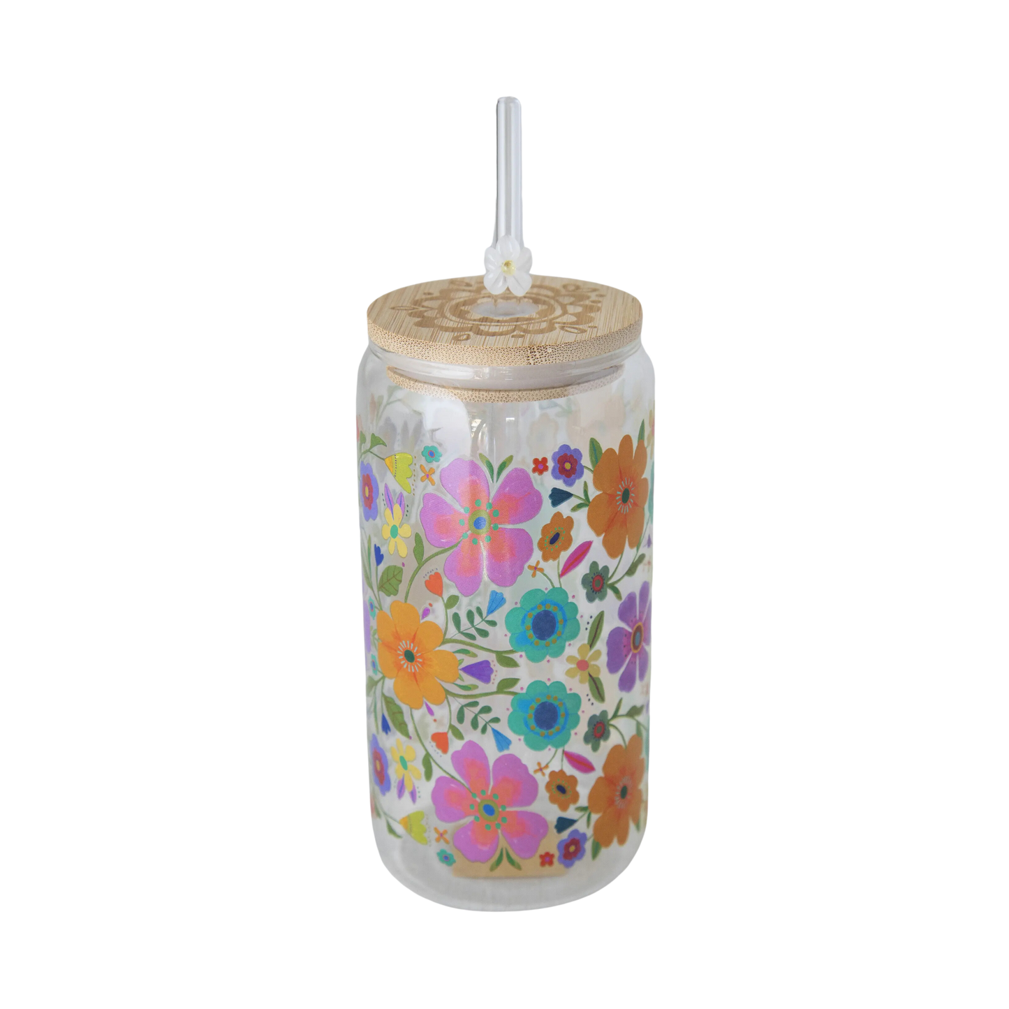Folk Flower Glass Tumbler with Lid & Straw