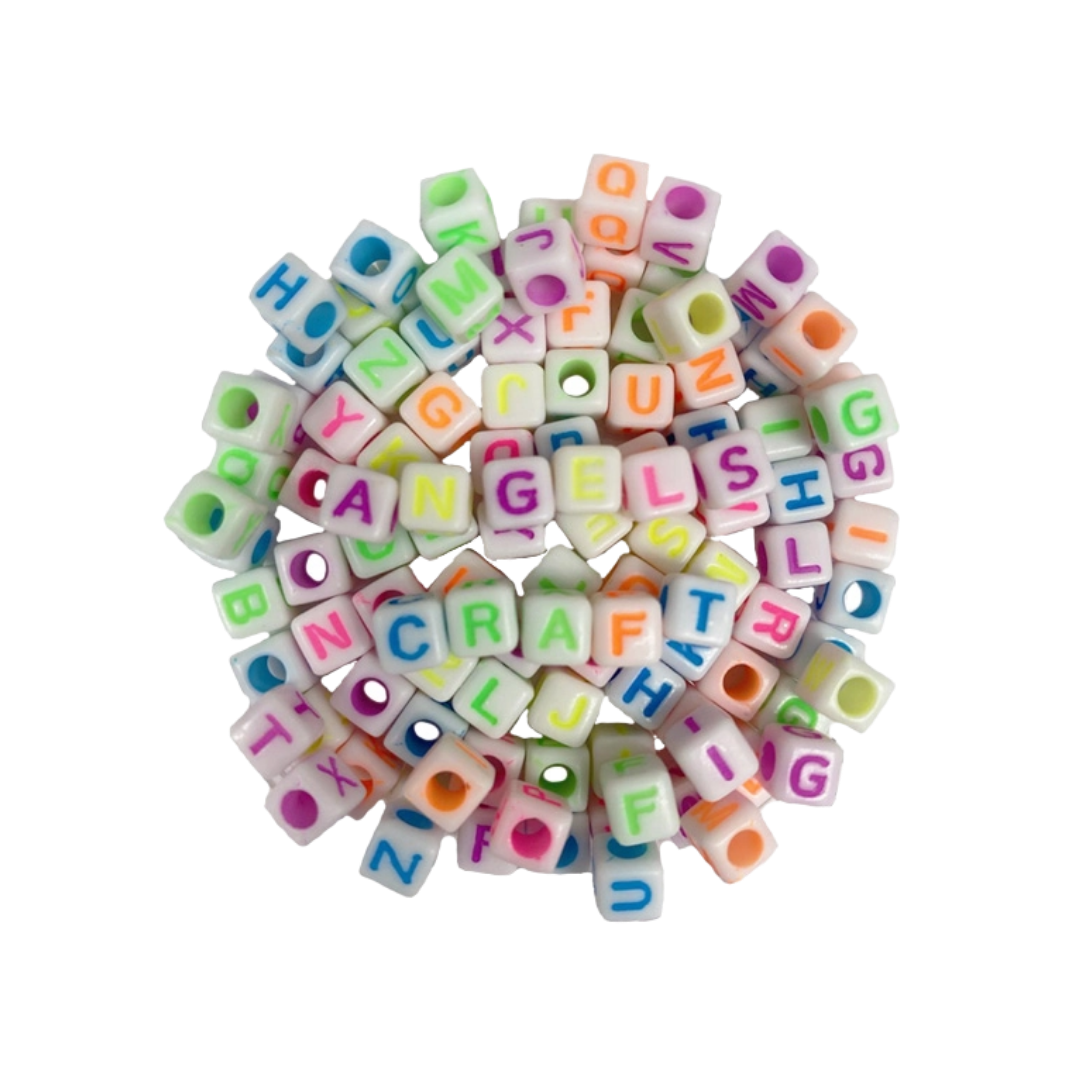 Alphabet Cube Beads – White with Neon Letters