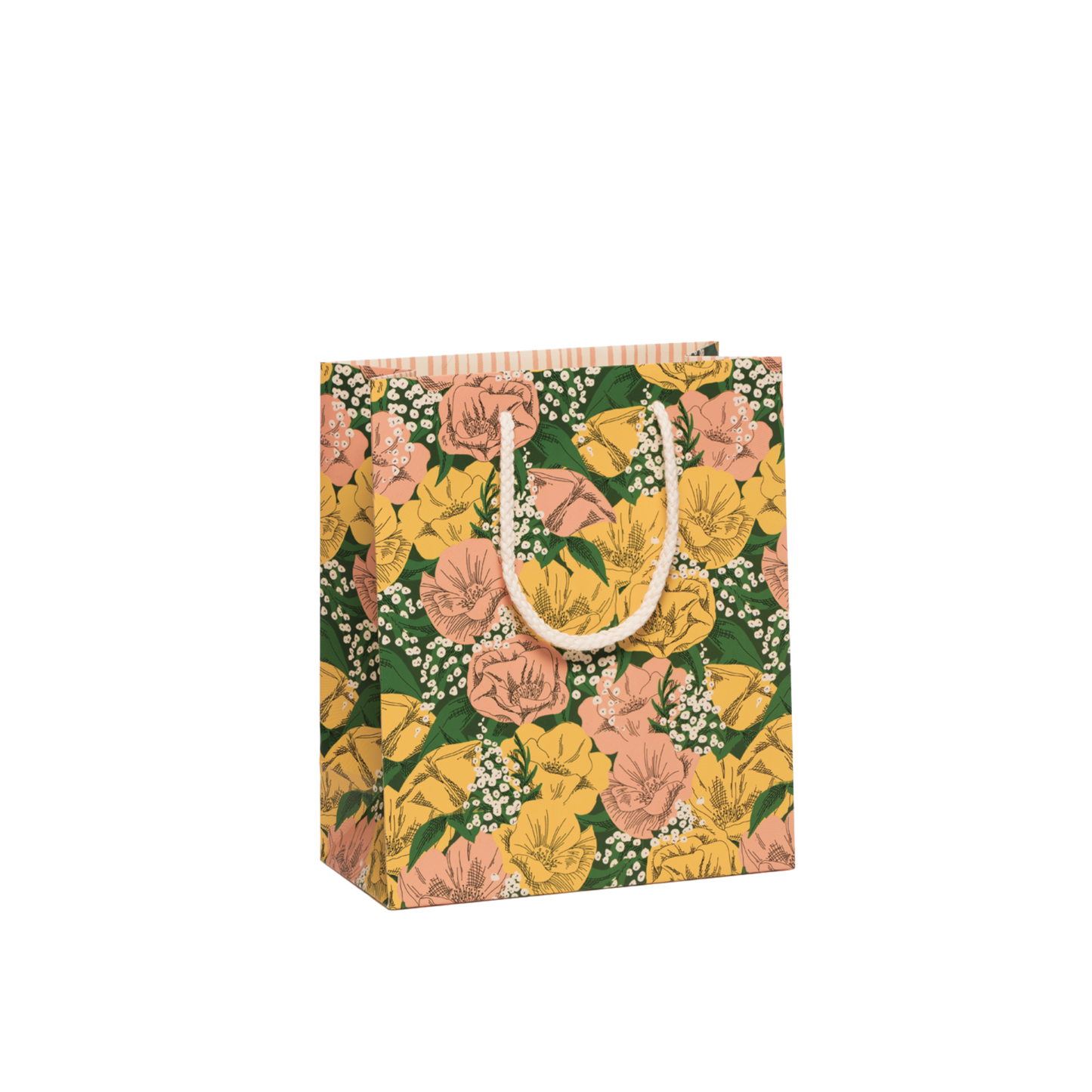Gift Bag with Handles. Pink and Yellow Flowers with babys breath flowers and green leaves
