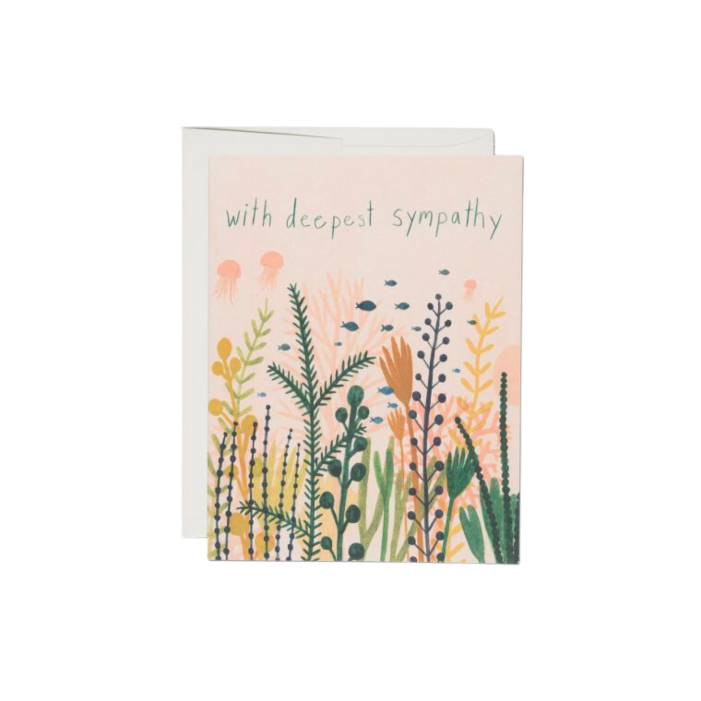 Floral design on pink background with text reading "With Deepest Sympathy". This card is printed on 100lb heavyweight card stock and measures 4.25 x 5.5 inches. Illustrated by Kate Pugsley, each card is offset printed in the USA on recycled paper. It's blank inside for you to craft your own words.