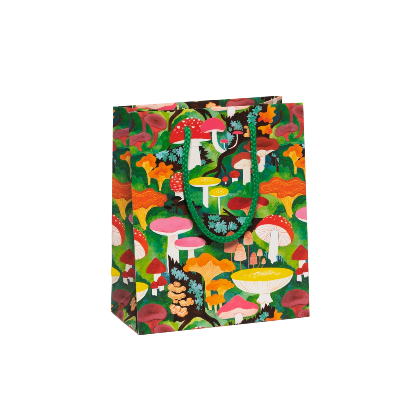 Colorful mushroom illustration with green rope handle. Compact Size - 8 x 4 x 9.5" Heavyweight Coated Paperholds with Cotton Rope Handle Artwork by Kelsey Garrity Riley