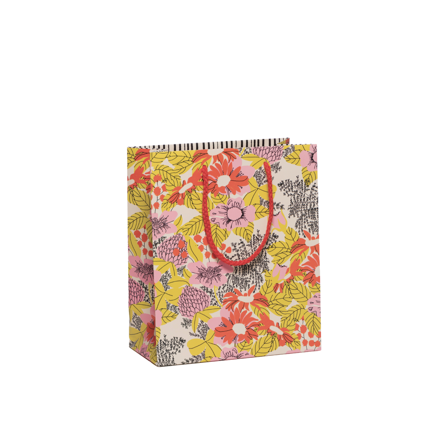 Floral gift bag.Size small - 8" x 4" x 9.5". Durable coated paper with a cotton rope handle. Crafted by Dylan Mierzwinski; proudly made in the USA!