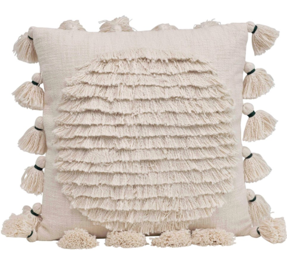 20" Square Cotton Embroidered Pillow w/ Fringe & Tassels, Natural