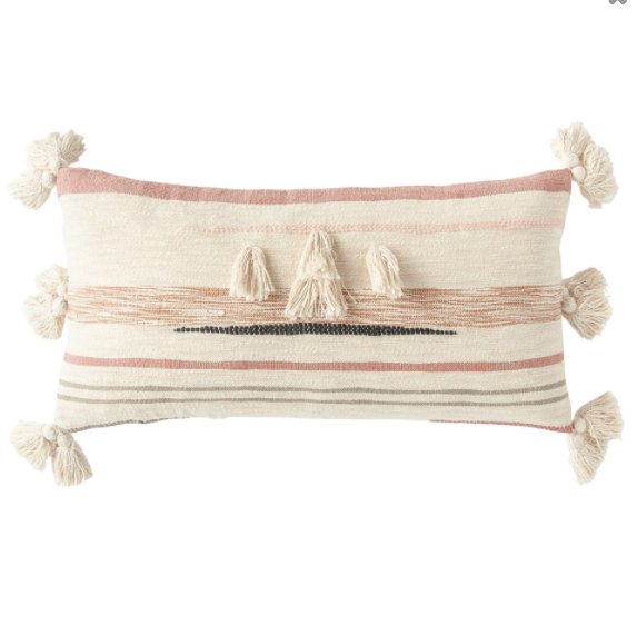 Kilim Lumbar Pillow w/ Woven Fringe & Tassels, Multi Color