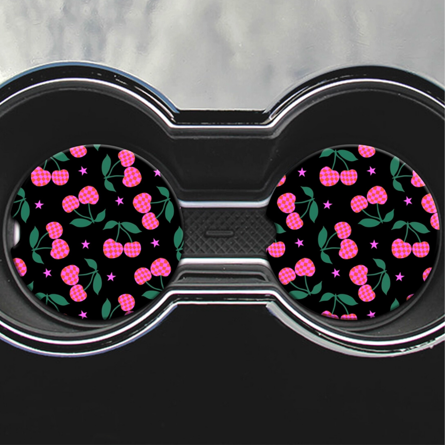 2 Car Coasters, Checkered Cherry Design