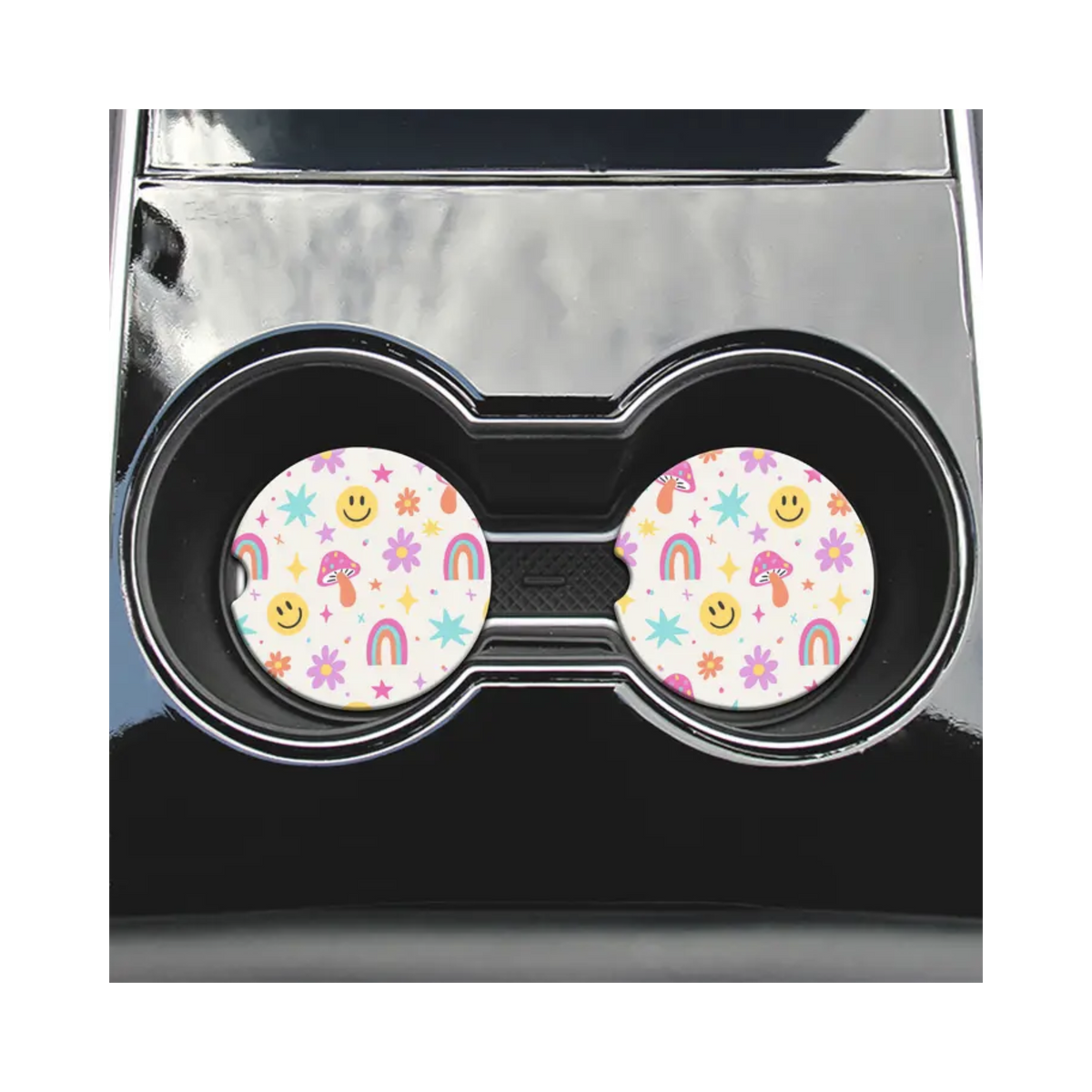 2 Car Coasters, Happy Rainbow Design