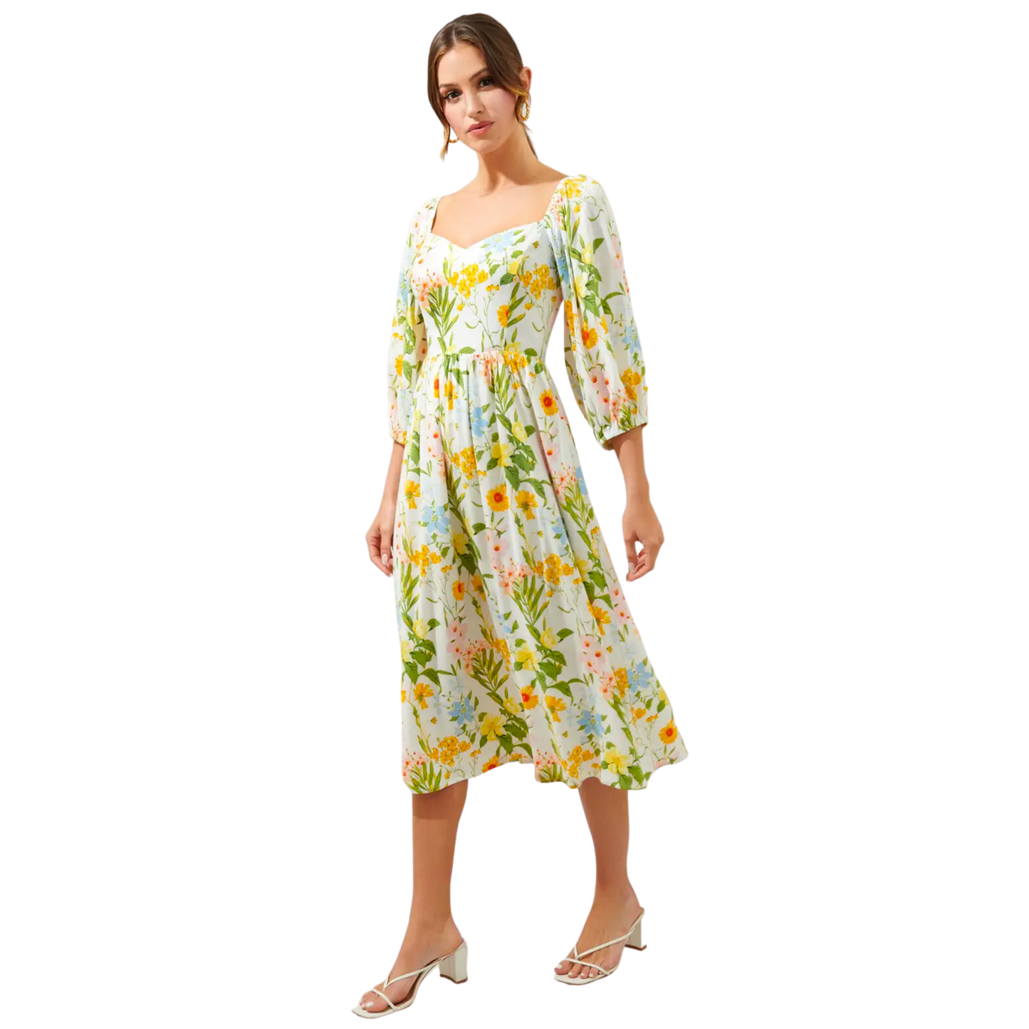 Free to Be Puff Sleeve Granger Midi Dress Green-Yellow-Blue