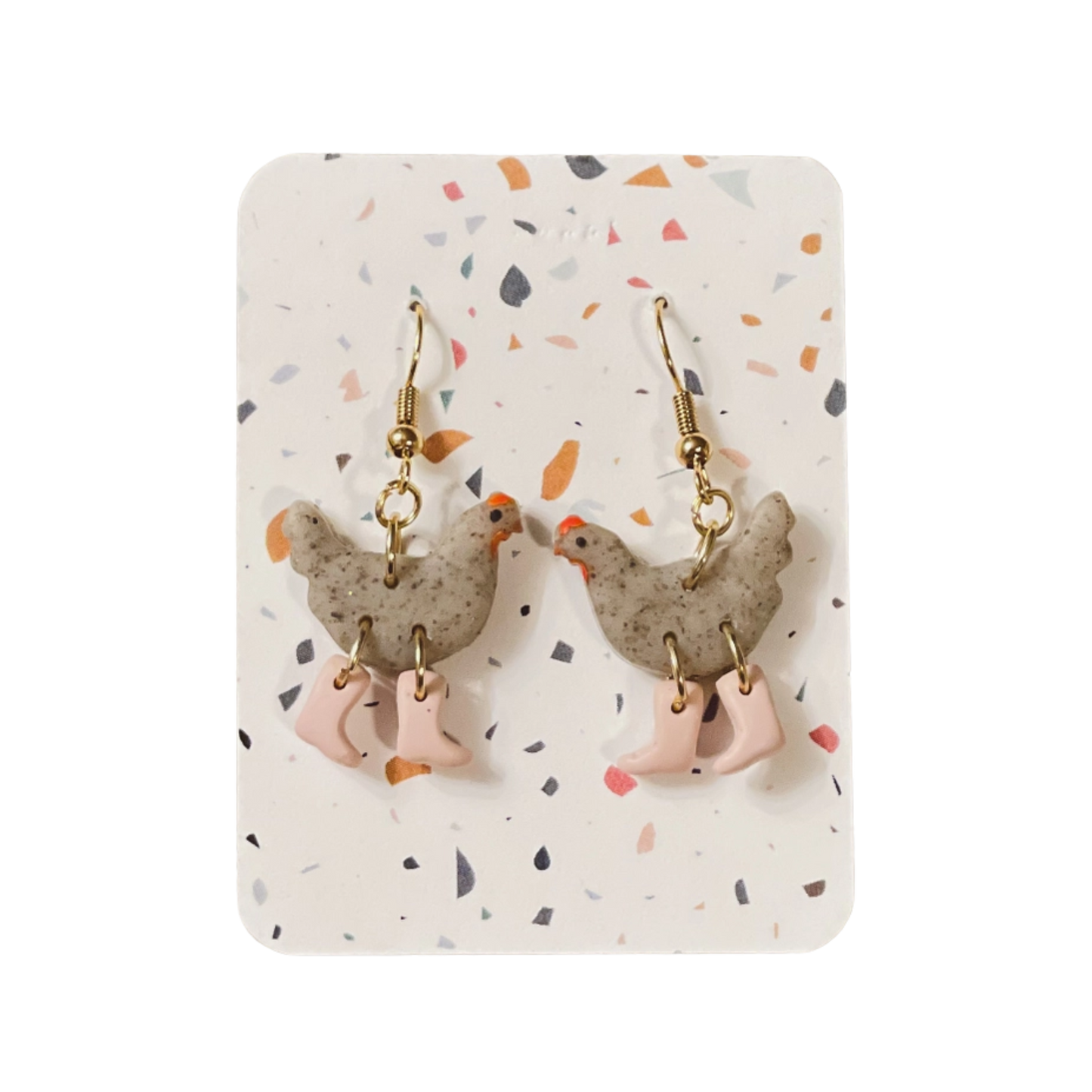 Grey Speckle Chickens with Boots Earrings