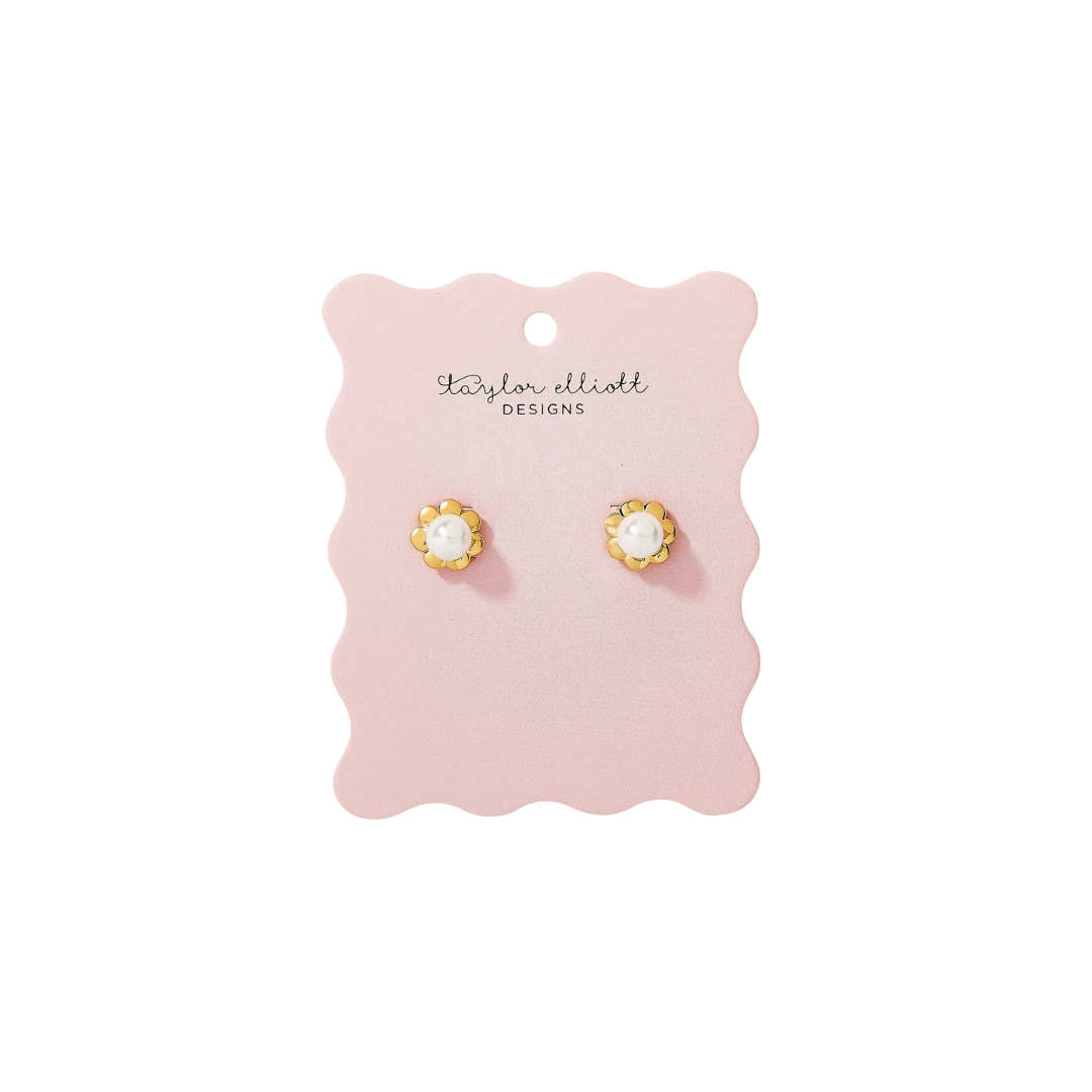 Stud Earrings - 14K Gold-Plated Flowers w/ Pearls - Hampton