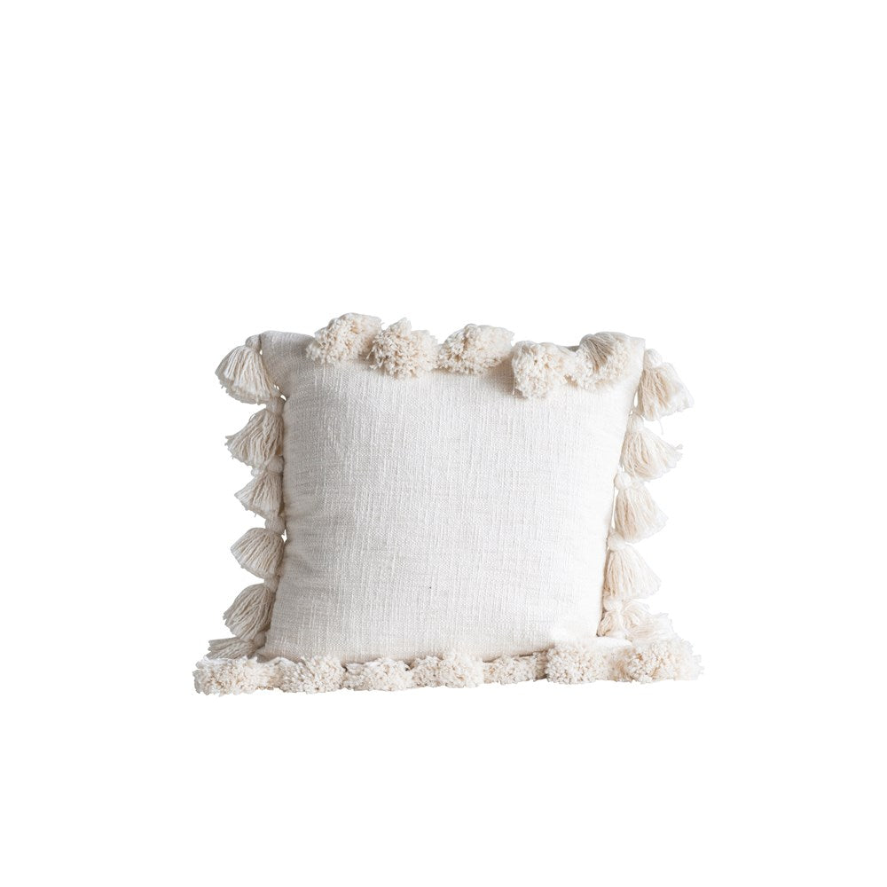 Cream Square Cotton Throw Pillow with Tassels