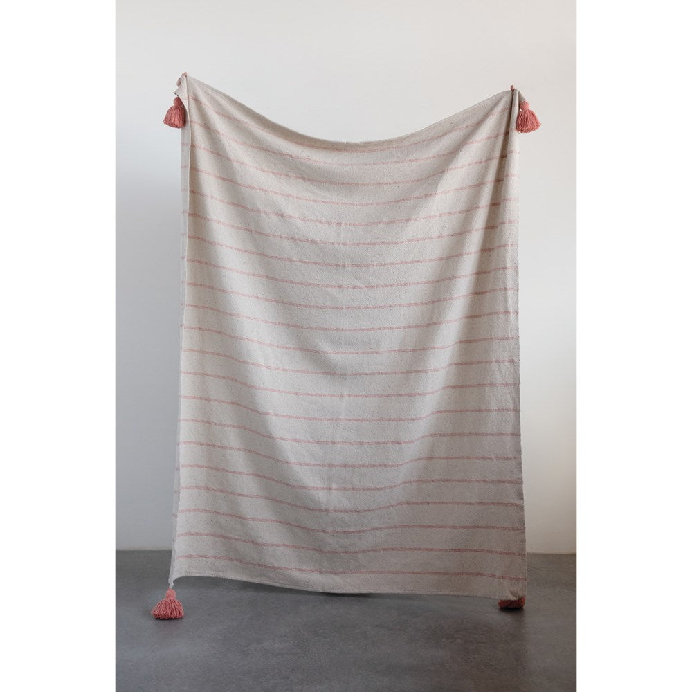 Woven Recycled Cotton Throw with Stripes & Tassels - Pink
