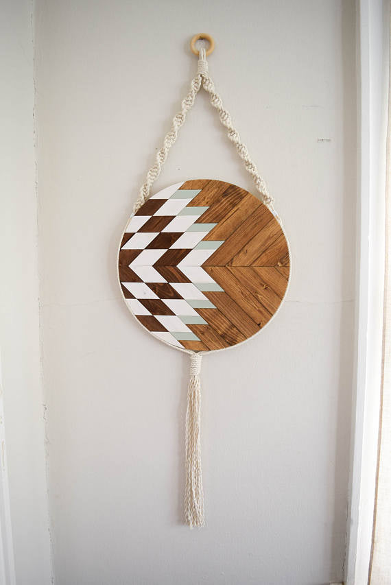 Wood and Macrame Wall Hanging with White/Teal - // by Roaming Roots Studio