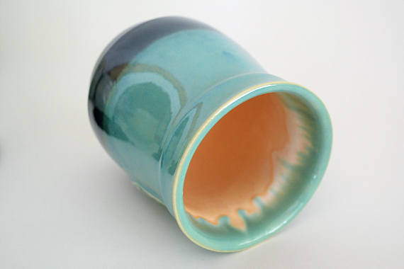 Ceramic Travel Mug with Lid- Tri Color Blue and Green with OM Symbol- 16oz