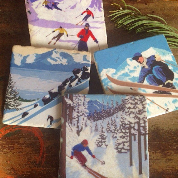Skiing Stone Coasters // Set of 4