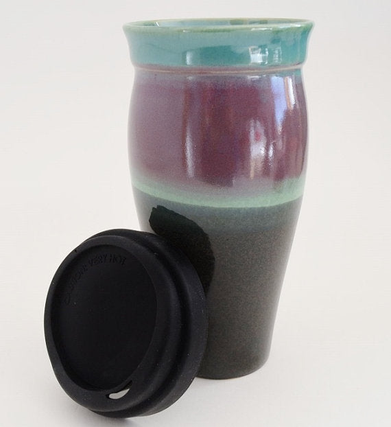 Ceramic Travel Mug with Lid- Dark Blue and Green with Purple