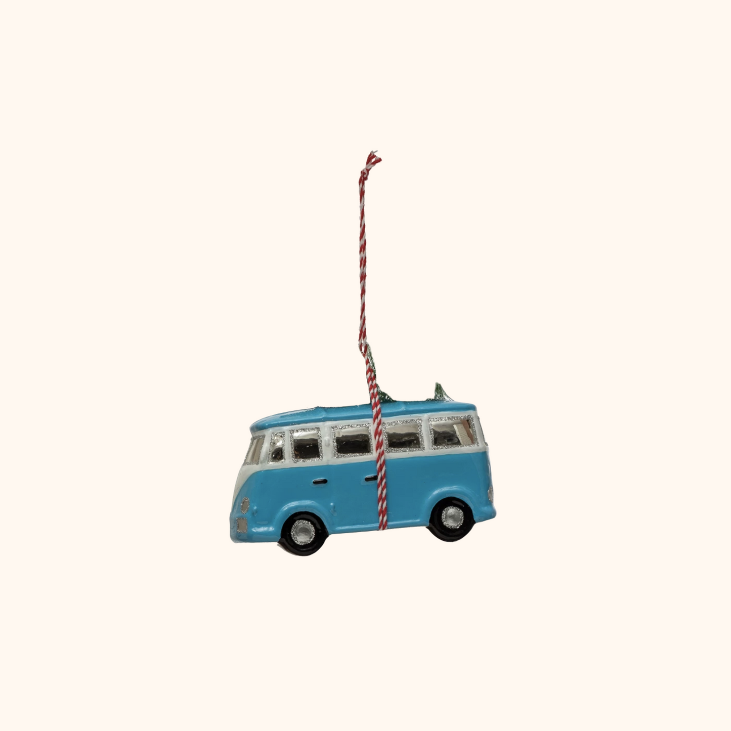 VW Glass Vintage Bus Ornament w/ Tree, Blue