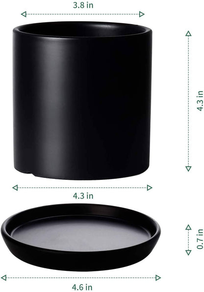 3.8 Inch Black Cylinder Plant Pot with Saucer