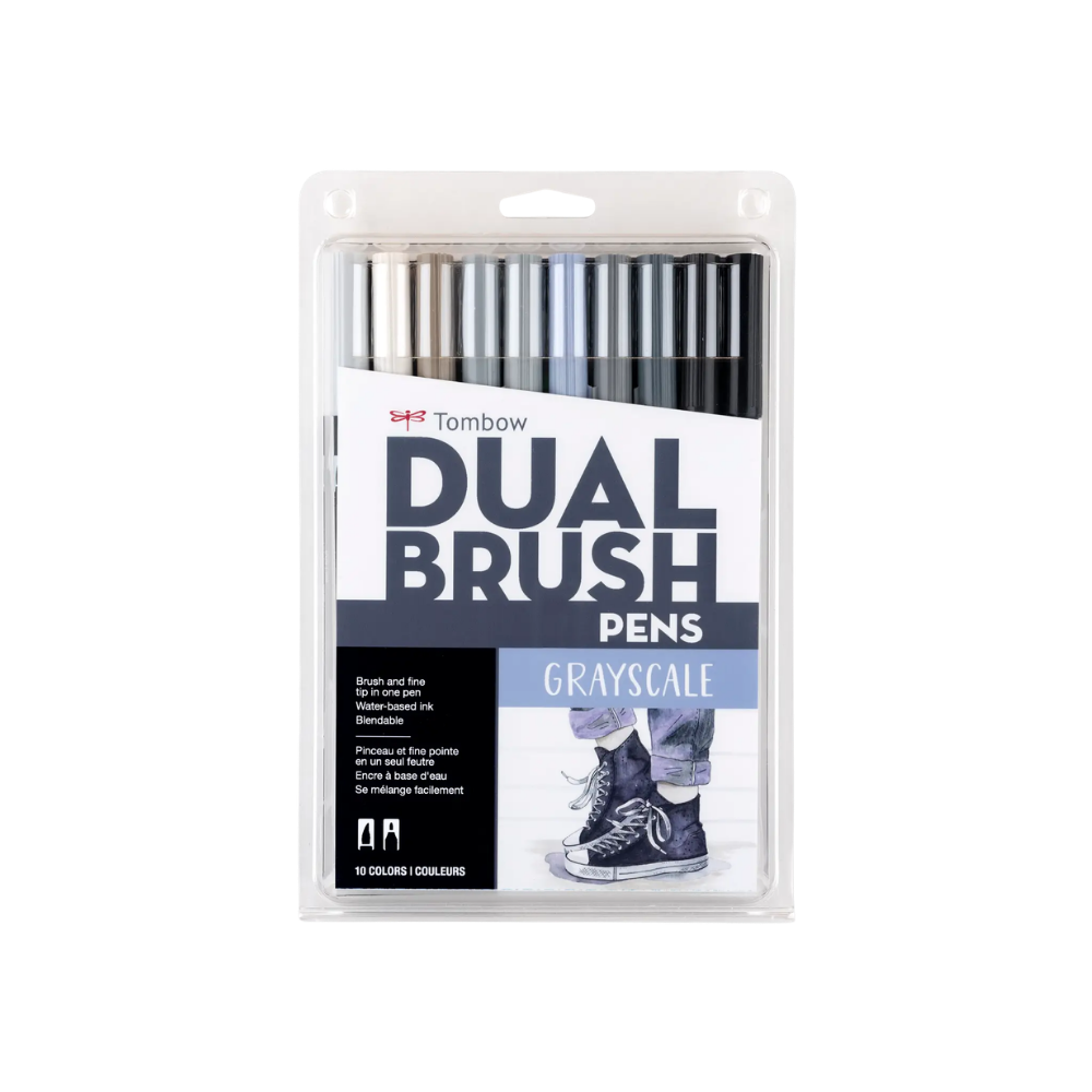 Dual Brush Pen Art Markers: Grayscale - 10-Pack