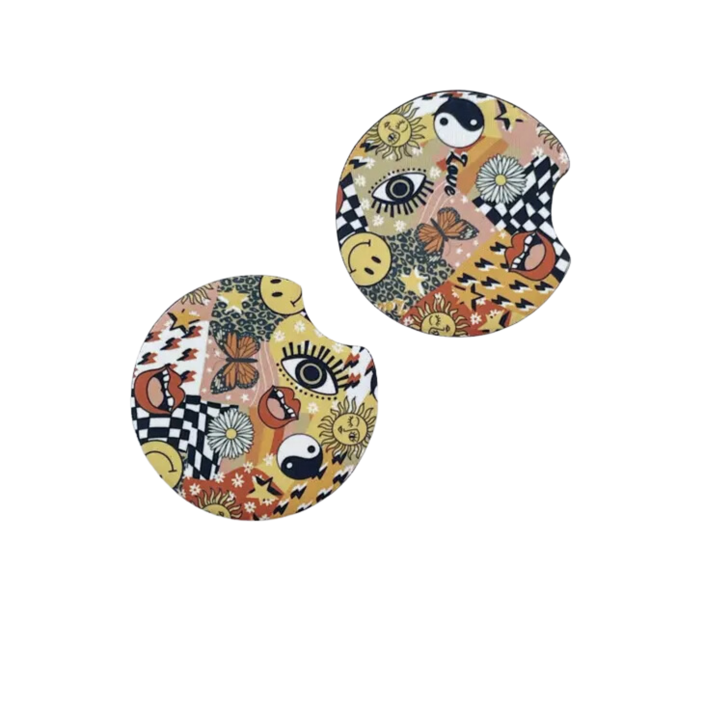 2 Car Coasters, Orange Retro Collage Style