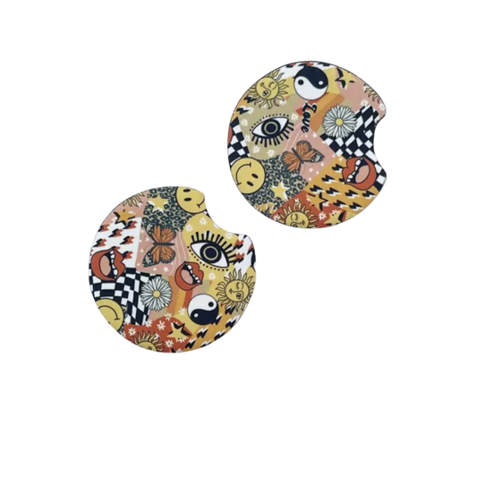 2 Car Coasters, Orange Retro Collage Style