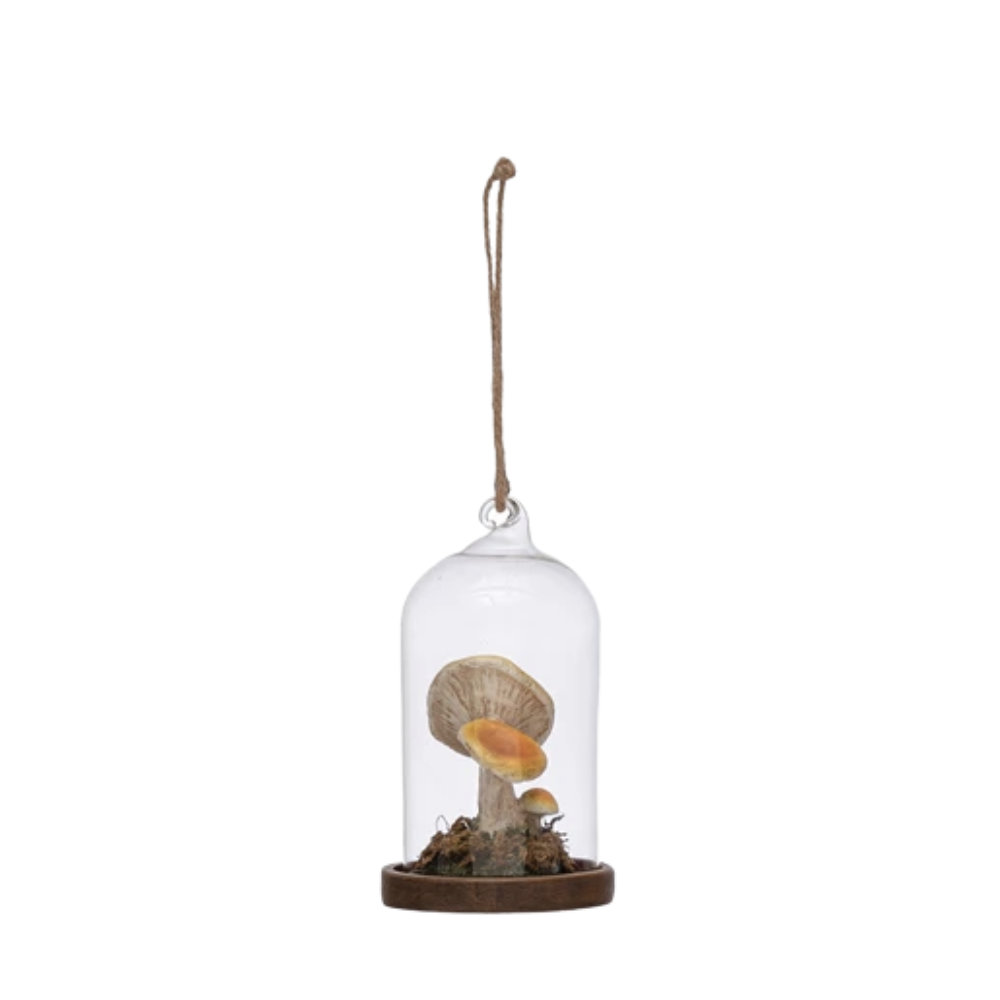 4-1/2"H Glass Cloche Ornament with Resin Mushroom