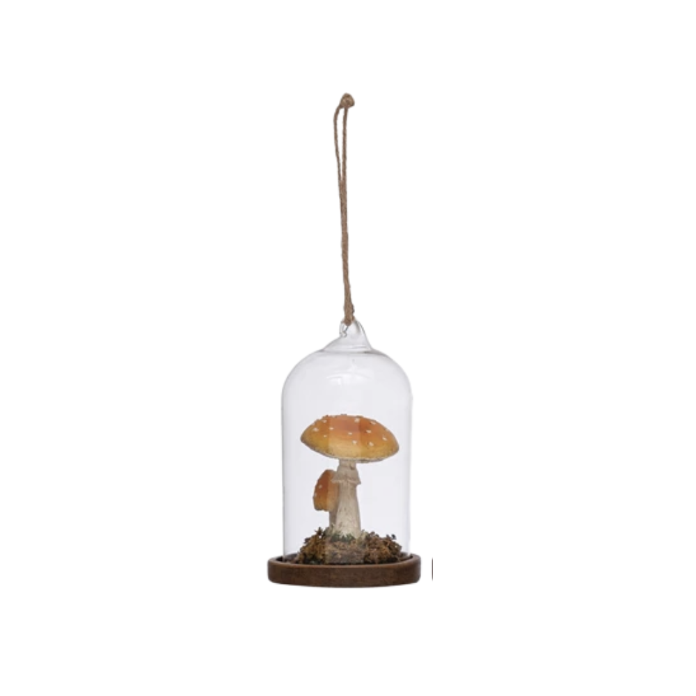 4-1/2"H Glass Cloche Ornament with Resin Mushroom