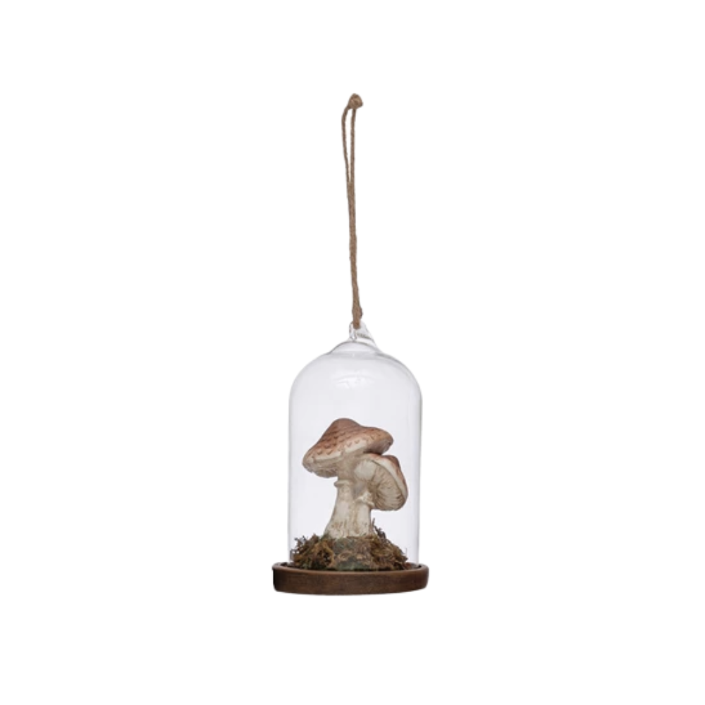 4-1/2"H Glass Cloche Ornament with Resin Mushroom