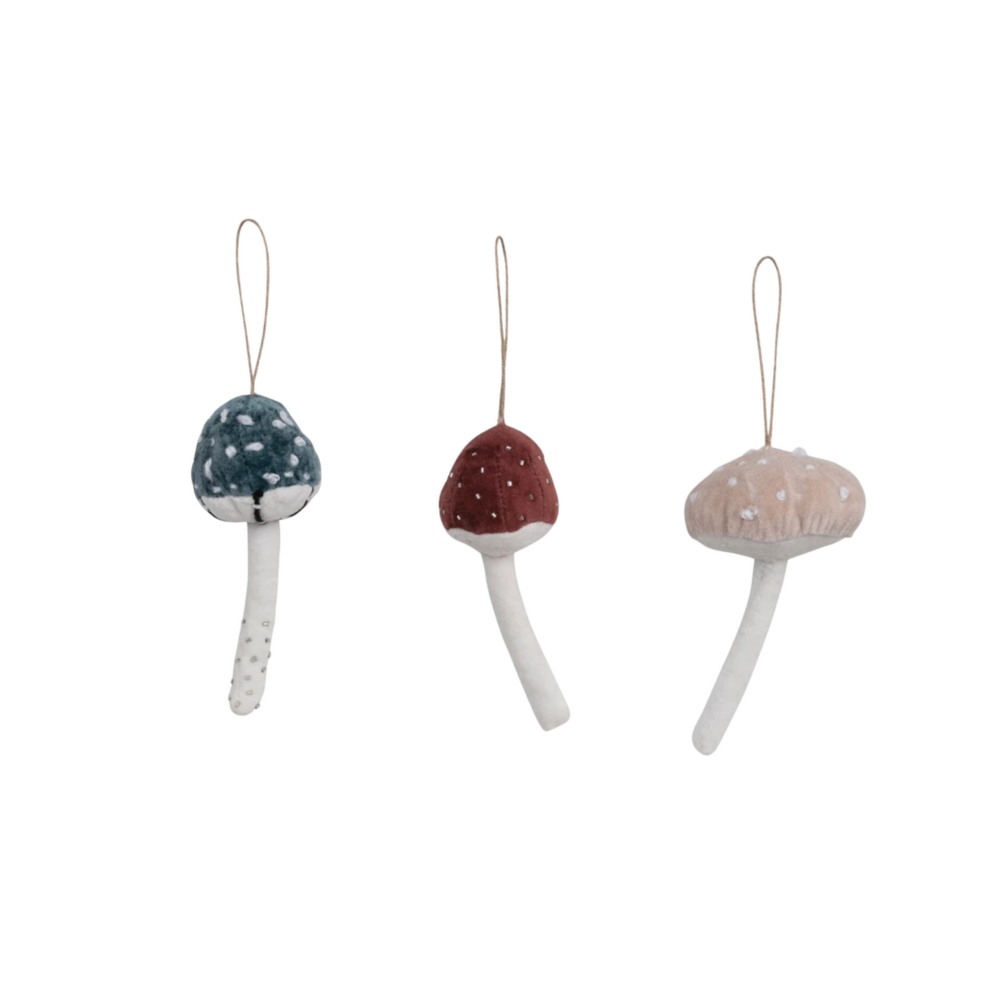 Velvet Fabric Mushroom Ornament with Embroidery and Glass Beads