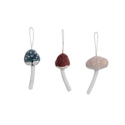 Velvet Fabric Mushroom Ornament with Embroidery and Glass Beads