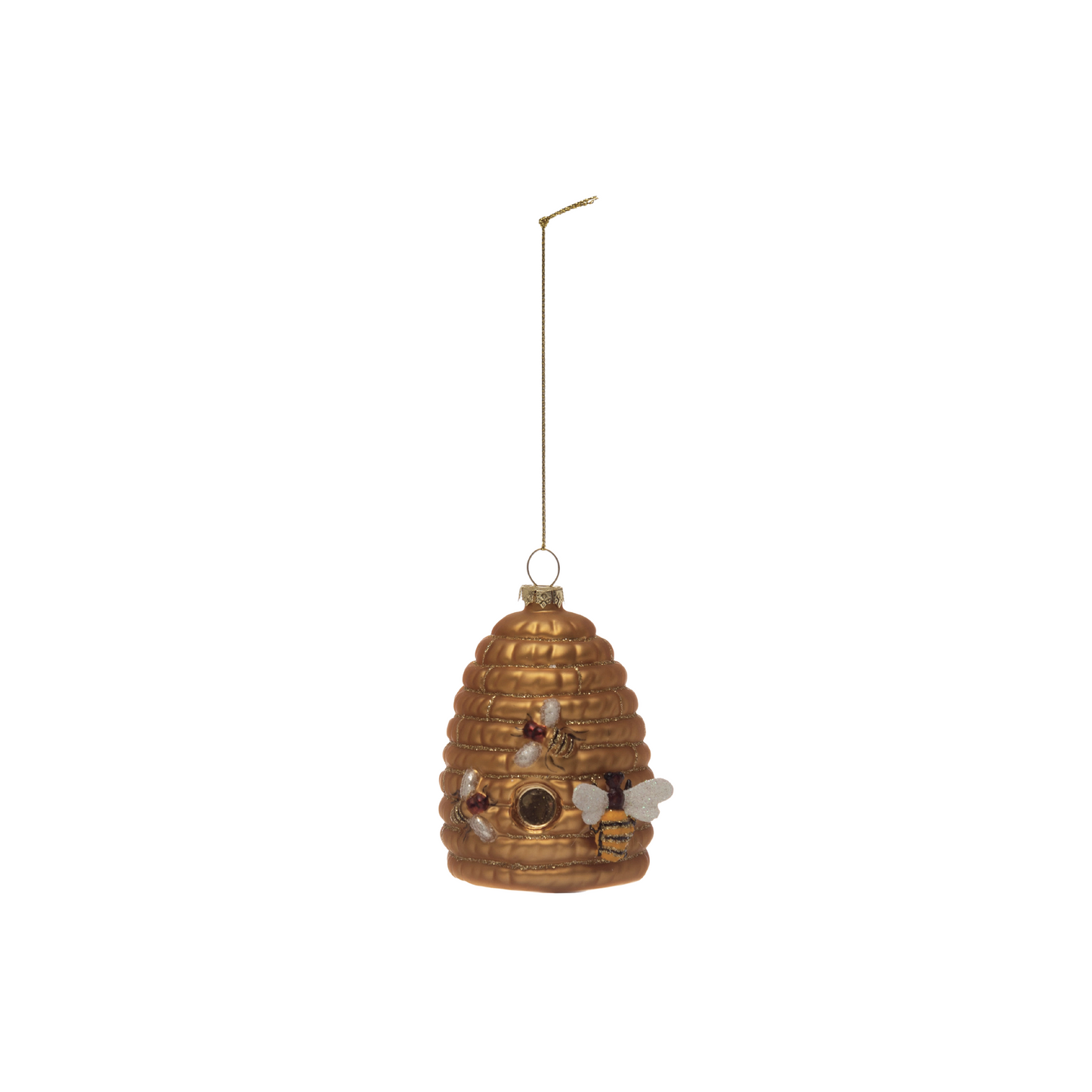 Hand-Painted Glass Bee Skep Ornament with Bees and Glitter, Gold Color