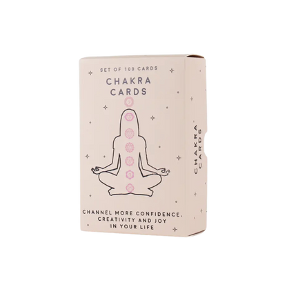 Box with body outline and 7 chakras text reading "Set of 100 Chakra Cards" and "Channel More Confidence. Creativity and Joy in Your Life".  Are you ready to start a journey of self-discovery and unlock your hidden energies and power? These cards will guide you on through each of your seven major chakras and send you on the road towards enlightenment.