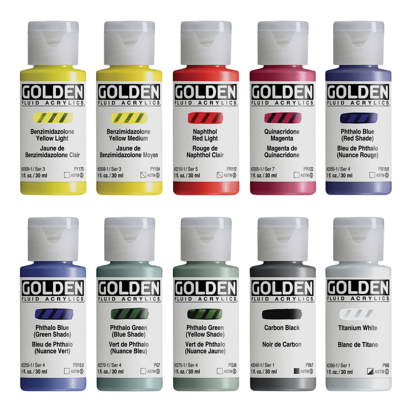 Golden Fluid Acrylics - Mixing Colors, Set of 10, 30 ml