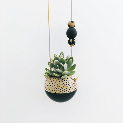 Mini Hanging Sphere Planter- Natural/Black w/Black Dots