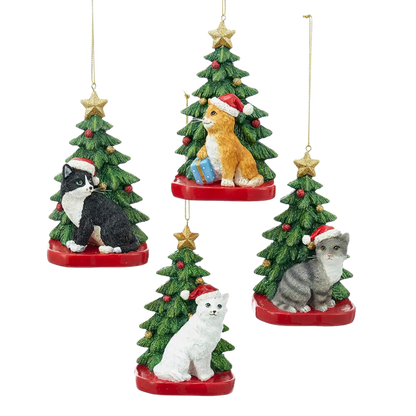 Resin Cat with Christmas Tree Ornament