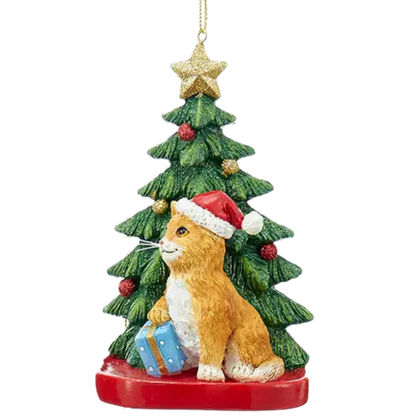 Resin Cat with Christmas Tree Ornament