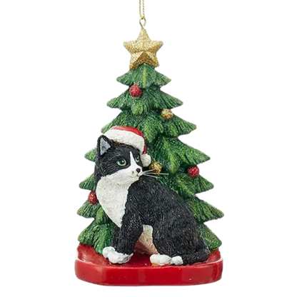 Resin Cat with Christmas Tree Ornament