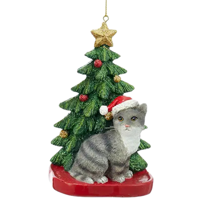 Resin Cat with Christmas Tree Ornament
