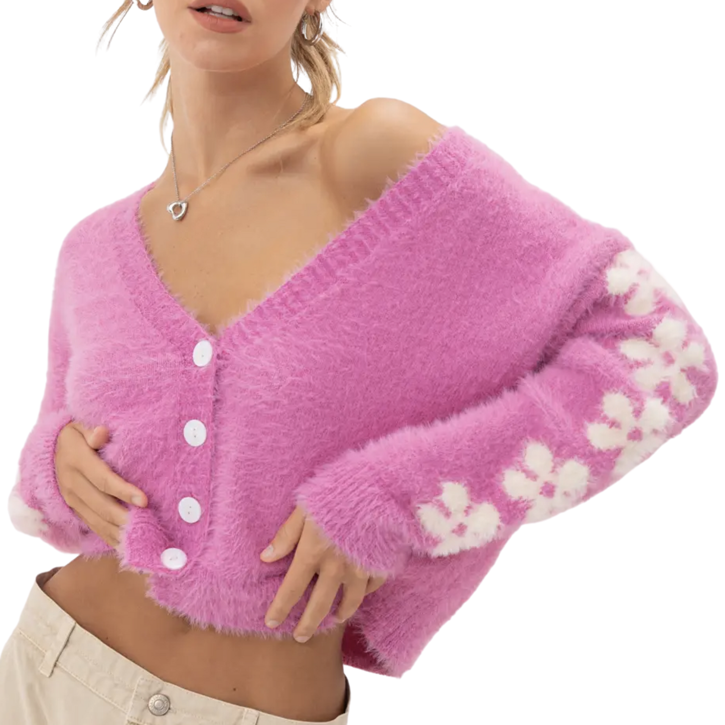Floral Sleeve Fuzzy Cardigan