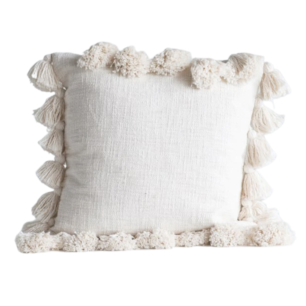 Cream Square Cotton Throw Pillow with Tassels