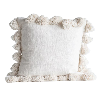 Cream Square Cotton Throw Pillow with Tassels