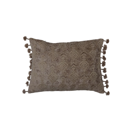 Woven Cotton Blend Chenille Lumbar Pillow with Embroidery & Tassels