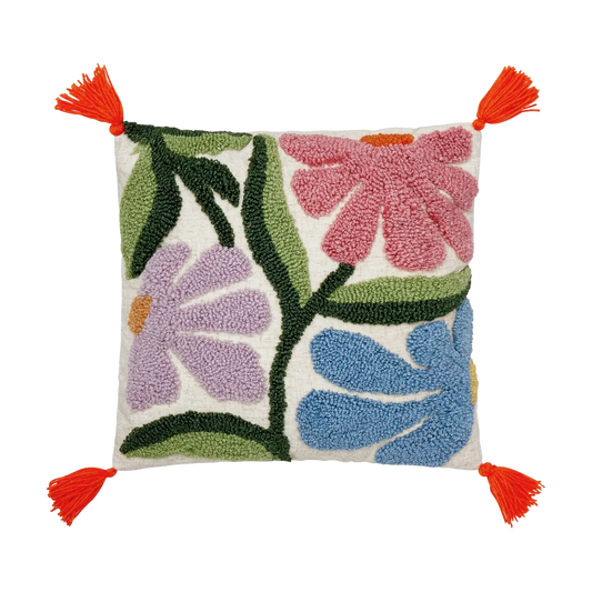 Wavy Floral with Tassels Tufted Pillow