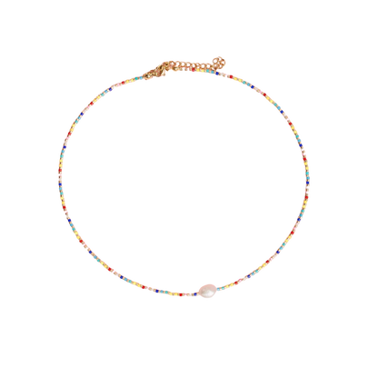 Single Pearl and Rainbow Seed Bead Necklace