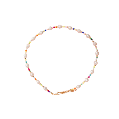 Single Pearl and Rainbow Seed Bead Necklace