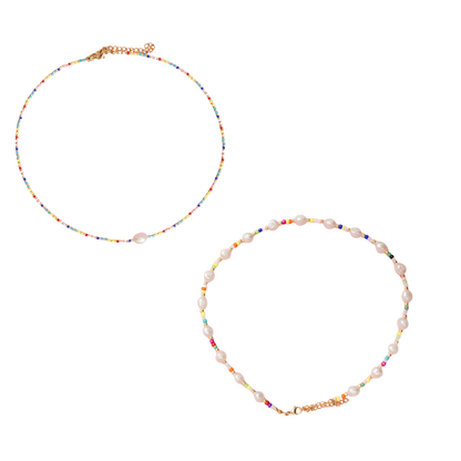 Single Pearl and Rainbow Seed Bead Necklace