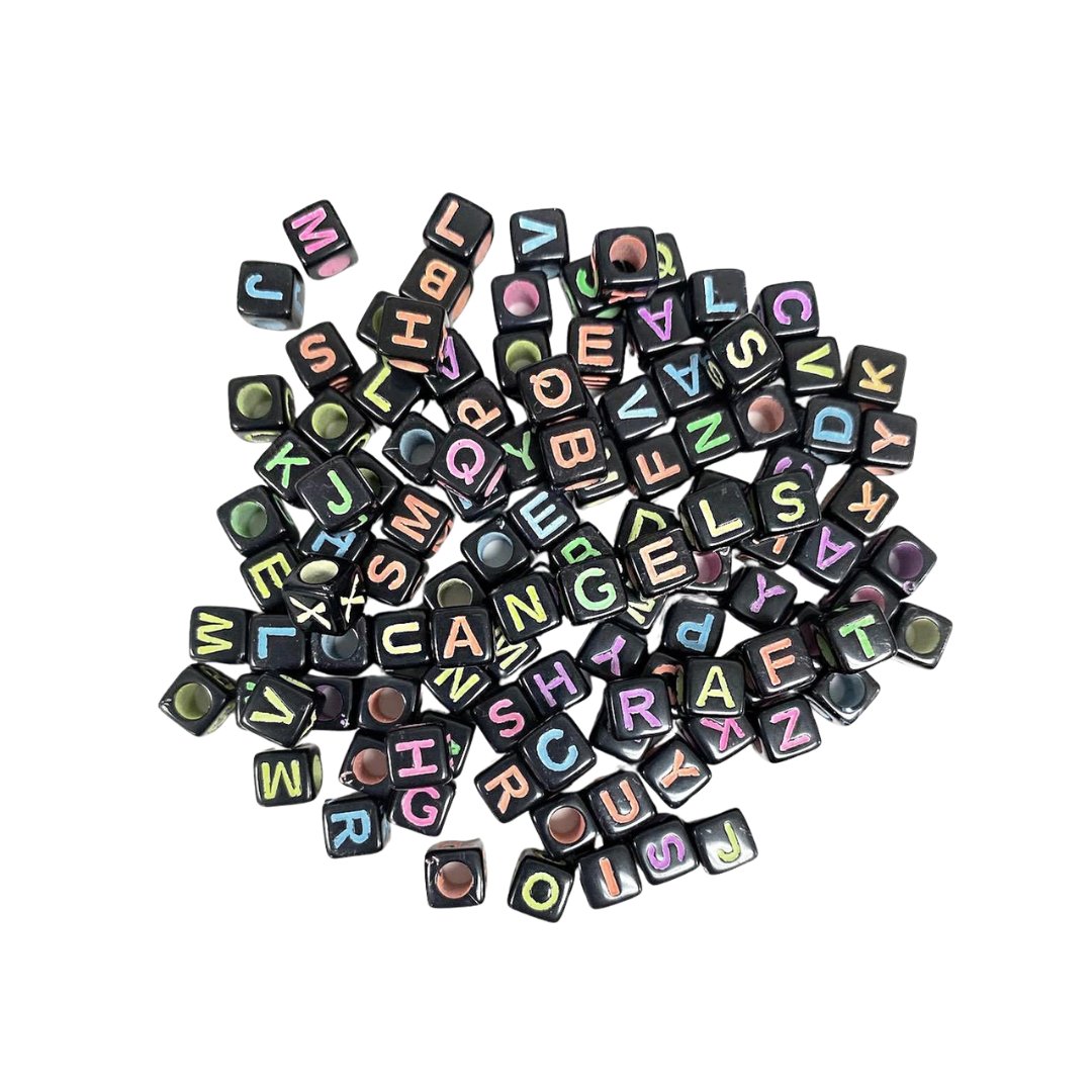 Alphabet Cube Beads – Black with Multicolored Letters
